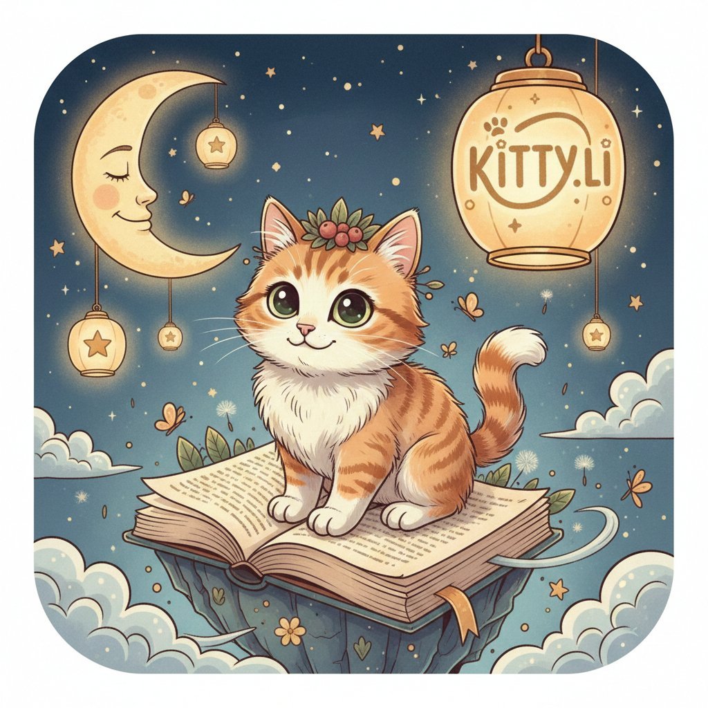 A whimsical cat sitting on a book under the moon and a lantern with the Kitty.li.